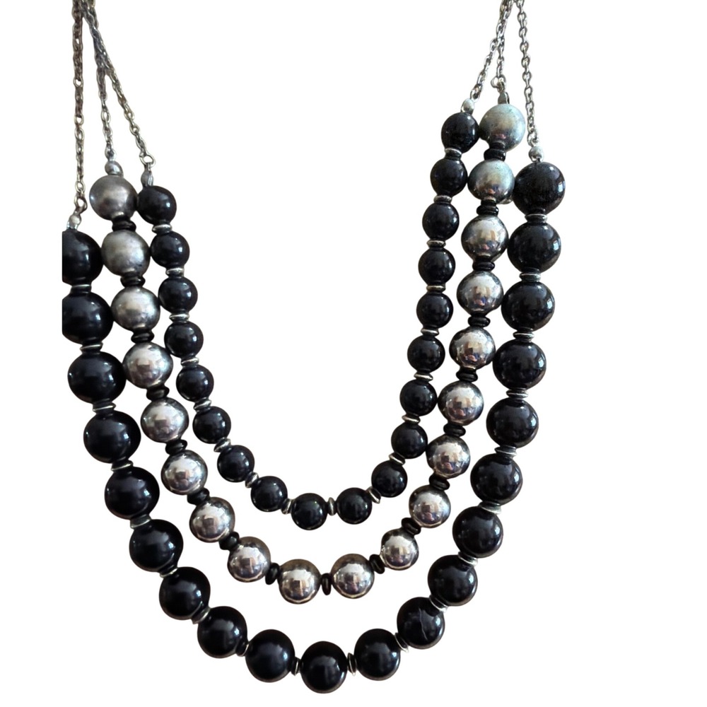 Triple Strand Chunky Bead Statement Necklace Black Silver Tone‎ Multi Layer